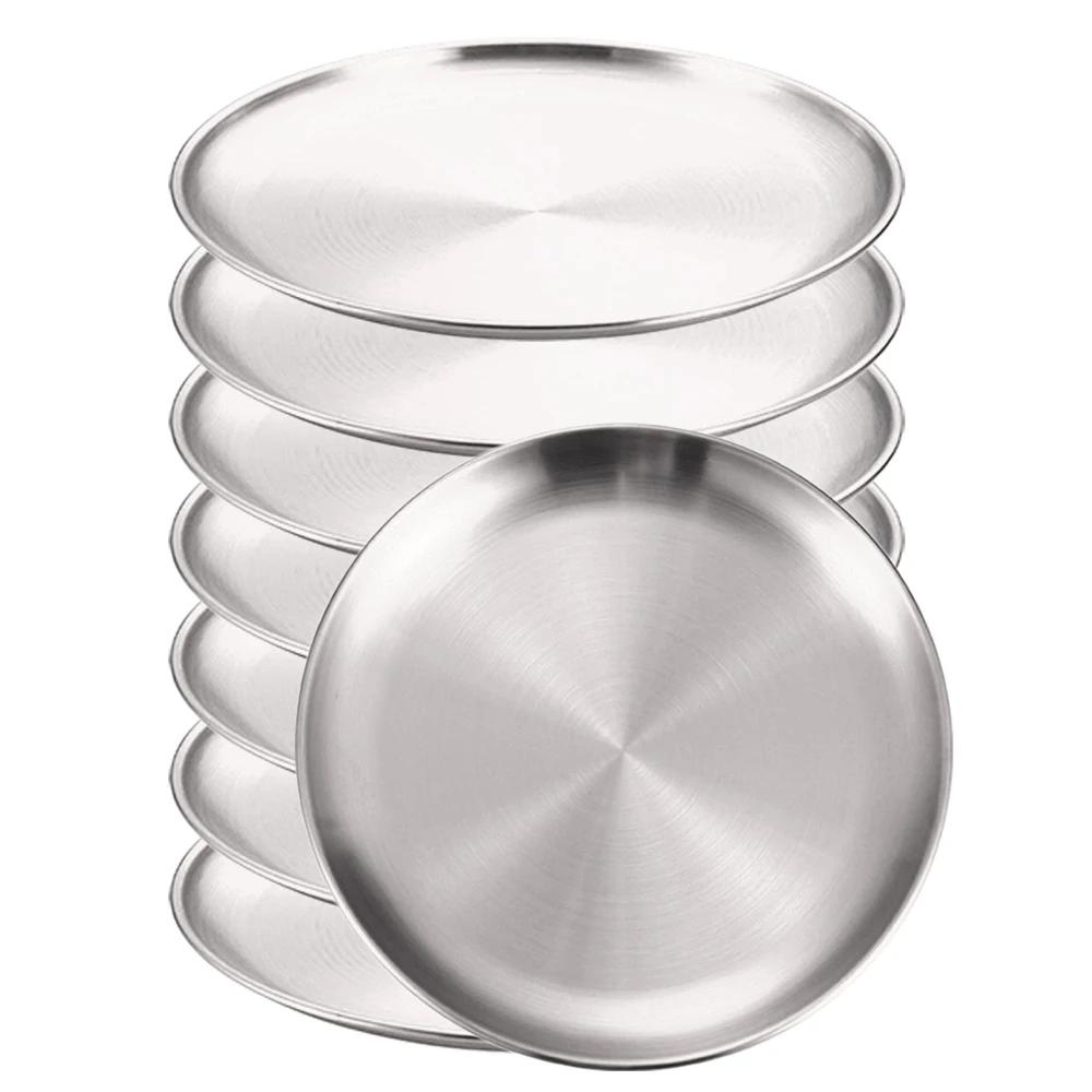 8Pcs Stainless Steels Round Golden Shallow Tray Plate Rust-Proof 14/17/20/23/26cm Camping Plate BBQ Picnic Dishes Cookware