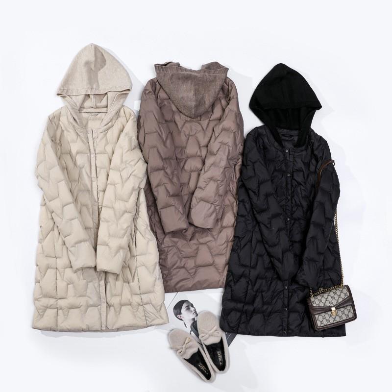 Womens Lightweight Hooded Down Jacket Mid-Length Knit Collar Casual Coat 2025