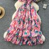 Retro V-Ausschnitt Schmetterlingsärmel Druck Chiffon Elegantes Sommerkleid A-Linie Schlagärmel Urlaubsdruck Damenkleider