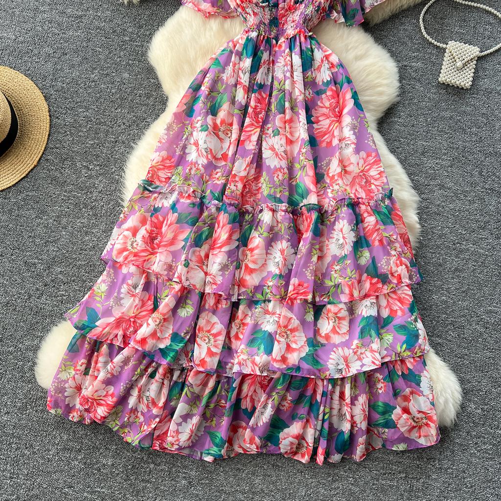 Retro V-Ausschnitt Schmetterlingsärmel Druck Chiffon Elegantes Sommerkleid A-Linie Schlagärmel Urlaubsdruck Damenkleider