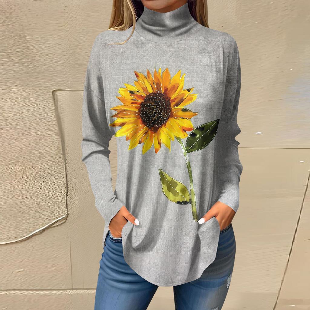 Tee Shirts For Women Fall Casual Long Sleeve Shirts Sweatshirt Vintage Printed High Neck Top Pullover