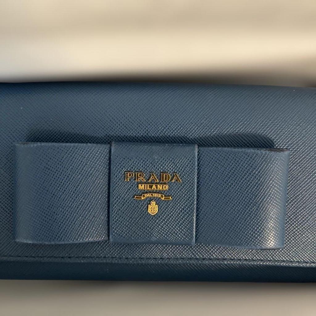 Used PRADA long wallet ribbon Saffiano leather blue with card case