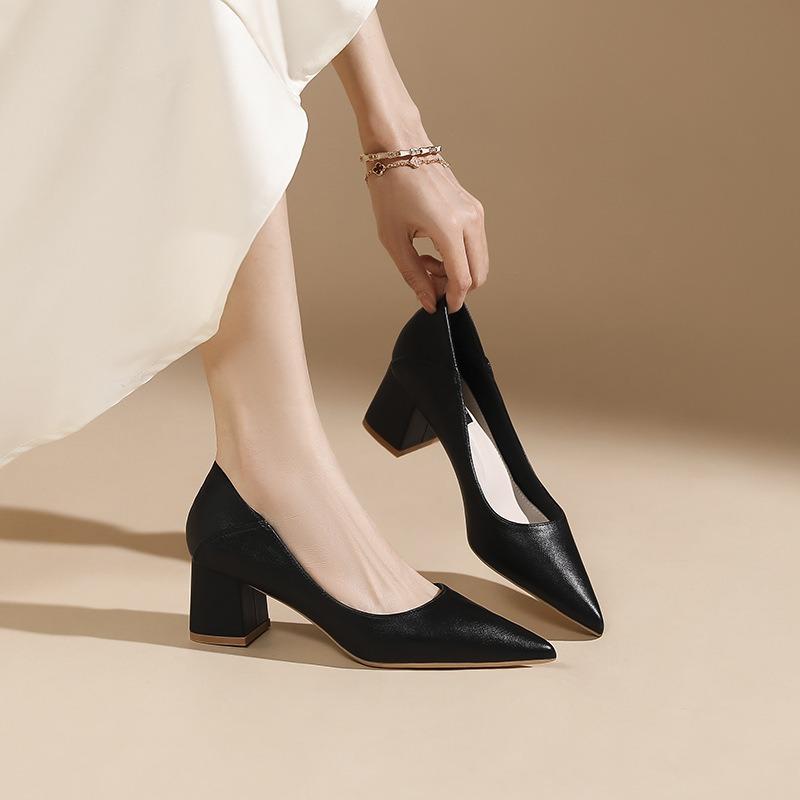 55 temperament pointed thick heel shallow mouth high heels with skirt soft leather two wear single shoes women's niche design sense