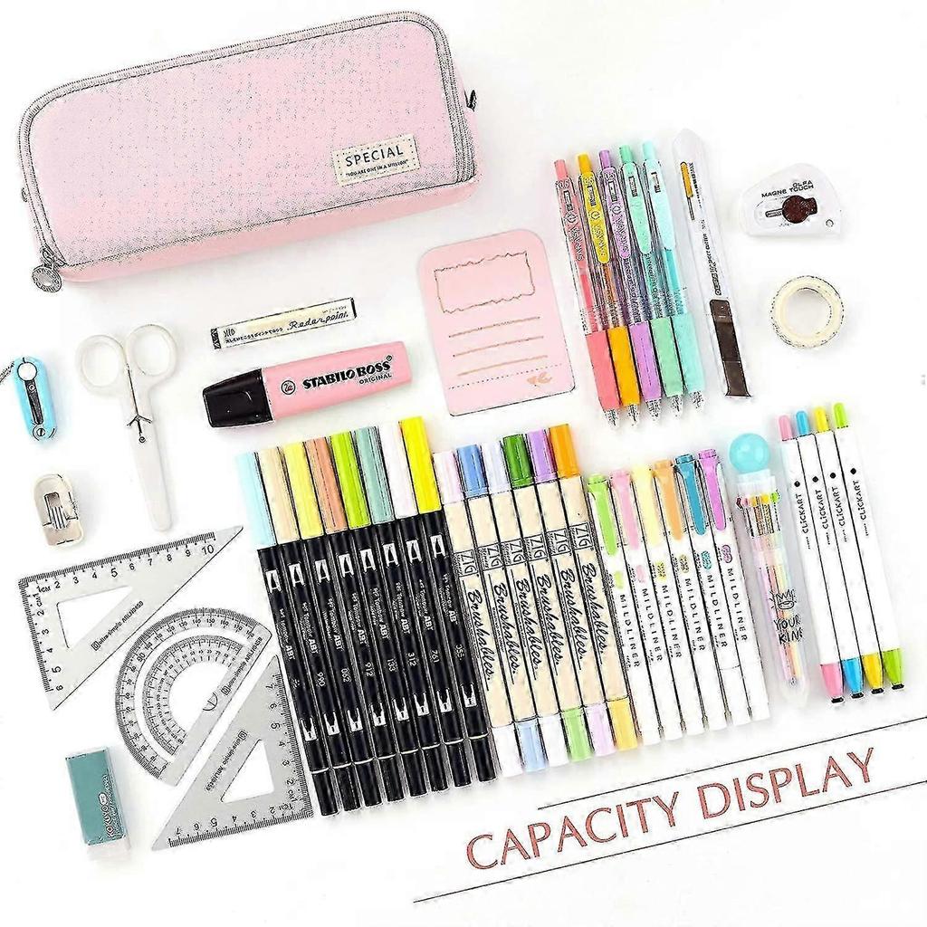 Large Capacity Pencil Case 3 Compartment Pouch Pen Bag For School Teen Girl Boy Men Women (pink)