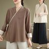 Damen Beige Wickelbluse Lässig V-Ausschnitt Leinenmischung Chinesischer Stil Krawatte Vorne Oberteil