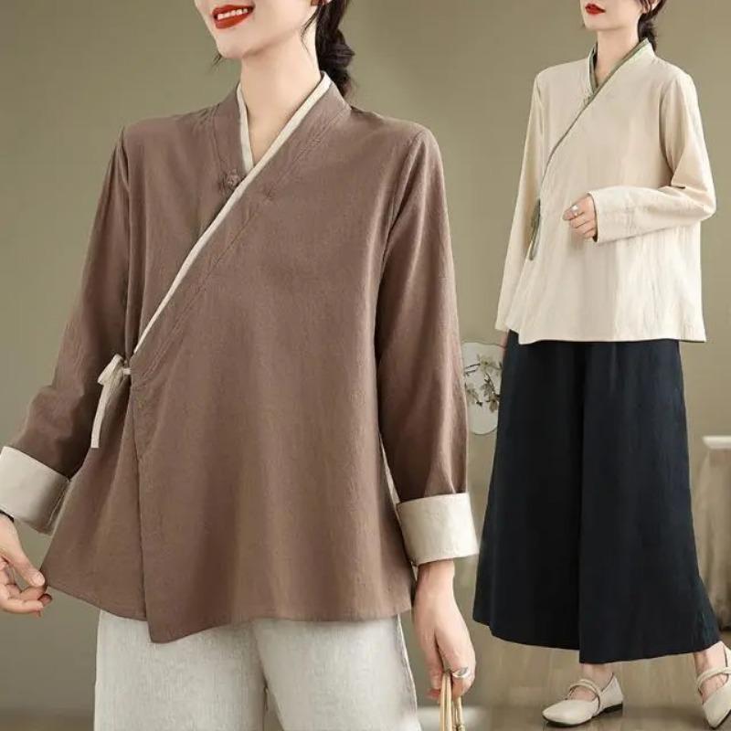 Damen Beige Wickelbluse Lässig V-Ausschnitt Leinenmischung Chinesischer Stil Krawatte Vorne Oberteil