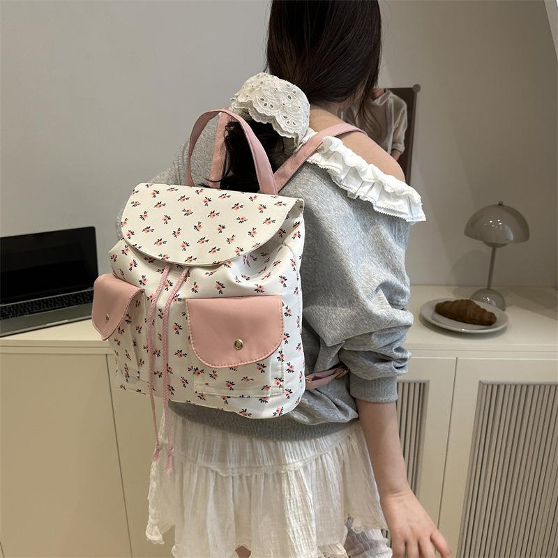 Women Floral Backpack Stylish Laptop Backpack Large Capacity Students School Bag Multi-pockets Adjustable Strap Nylon Backpack