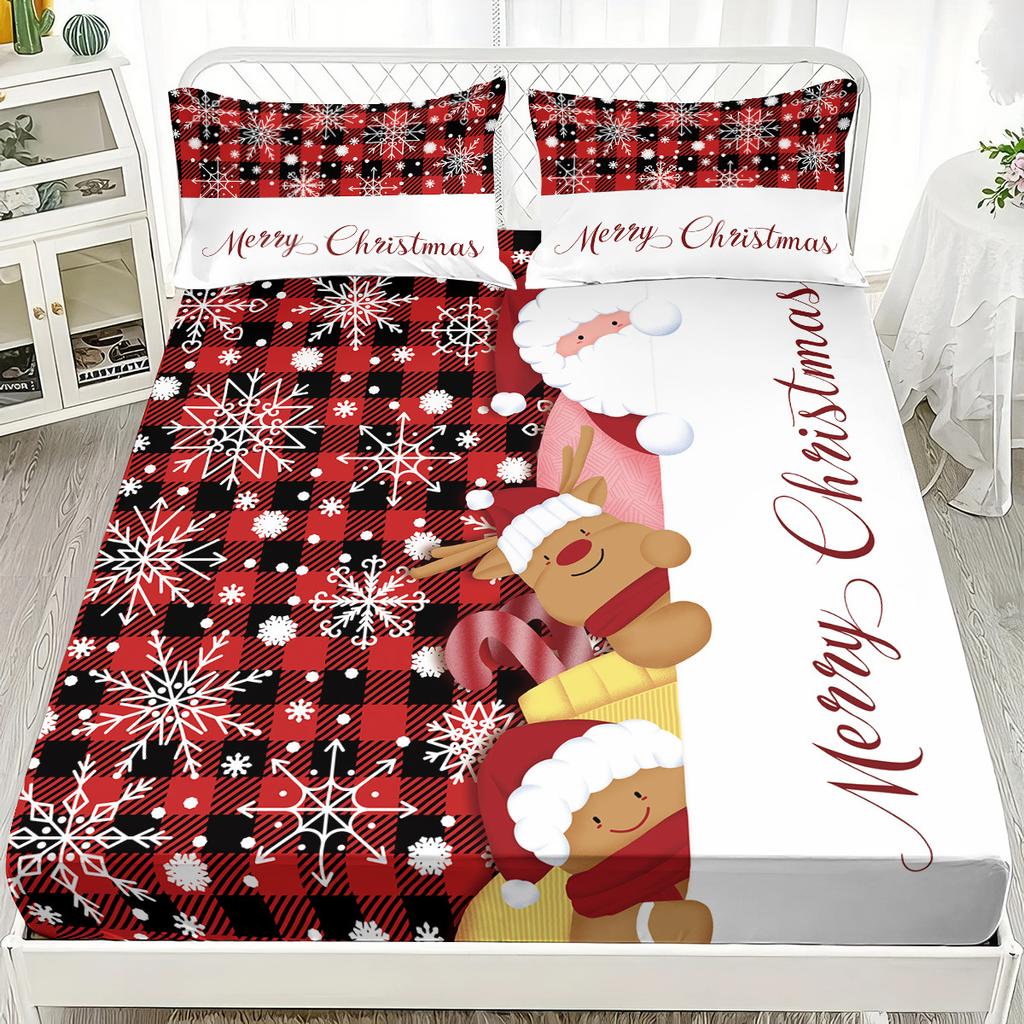 Santa Claus Elk Christmas Tree Print Coreless Fitted Sheet Set Christmas Theme Fitted Sheet Soft Bedspread Bedroom Bedding Decor