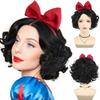 Short Black Curly Synthetic Wig for Women Snow White Cosplay Wigs with Red Bow Costume Anime Wig Halloween Party Heat Resistant