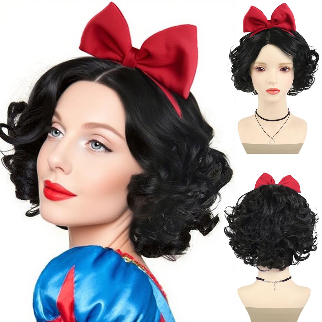 Short Black Curly Synthetic Wig for Women Snow White Cosplay Wigs with Red Bow Costume Anime Wig Halloween Party Heat Resistant