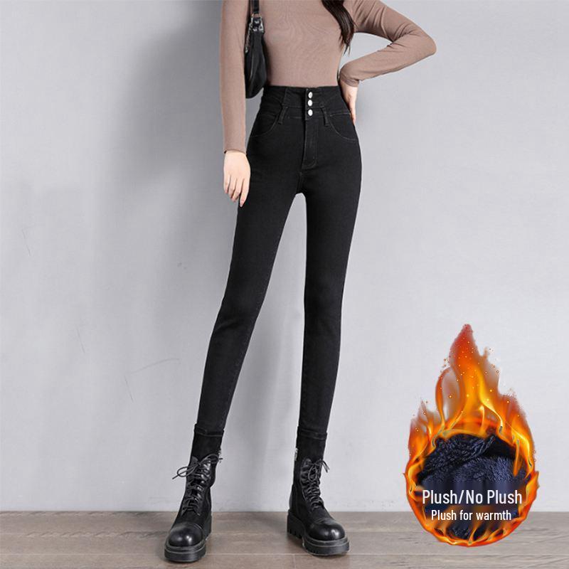 Women's High-Waisted Fleece-Lined Skinny Jeans, Black, Slim-Fit, 2024 Autumn/Winter Collection