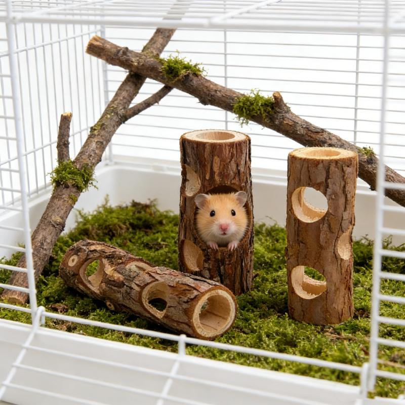 Hamster Tree Hollow Toy Fir Wood Stump Hideout Burrow Tunnel Cage Decor Chew Grinding Toy for Small Pet Syrian Hamster