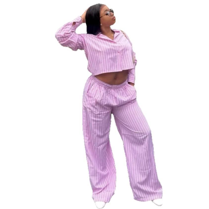 African long-sleeved lapel striped suit European and American new women's clothing shirt high-waisted casual trousers fashion two-year set women