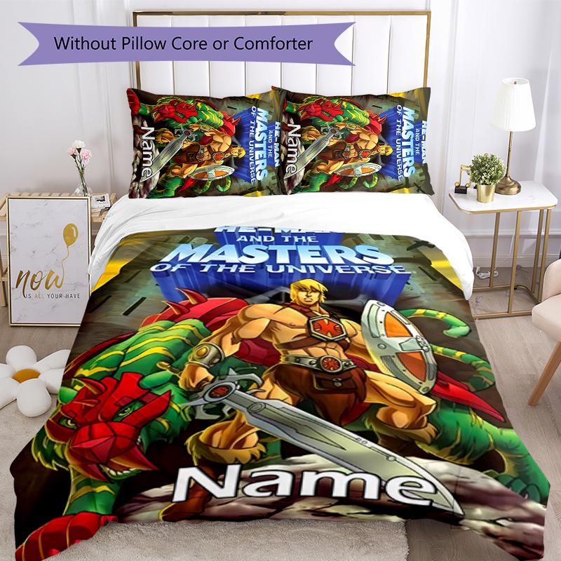 3pcs Custom Name Cartoon He-Man and the Masters of the Universe Bedding Set Duvet Cover Closure Includes 1 Duvet Cover & 2 Pillowcases for All Seasons