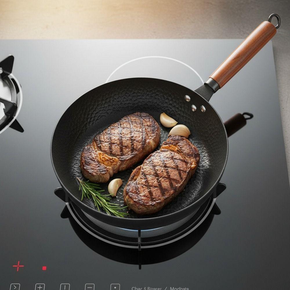 Wooden Handle Hammered Iron Wok Uncoated Cooking Pot Durable Hammered Frying Pan Breakfast