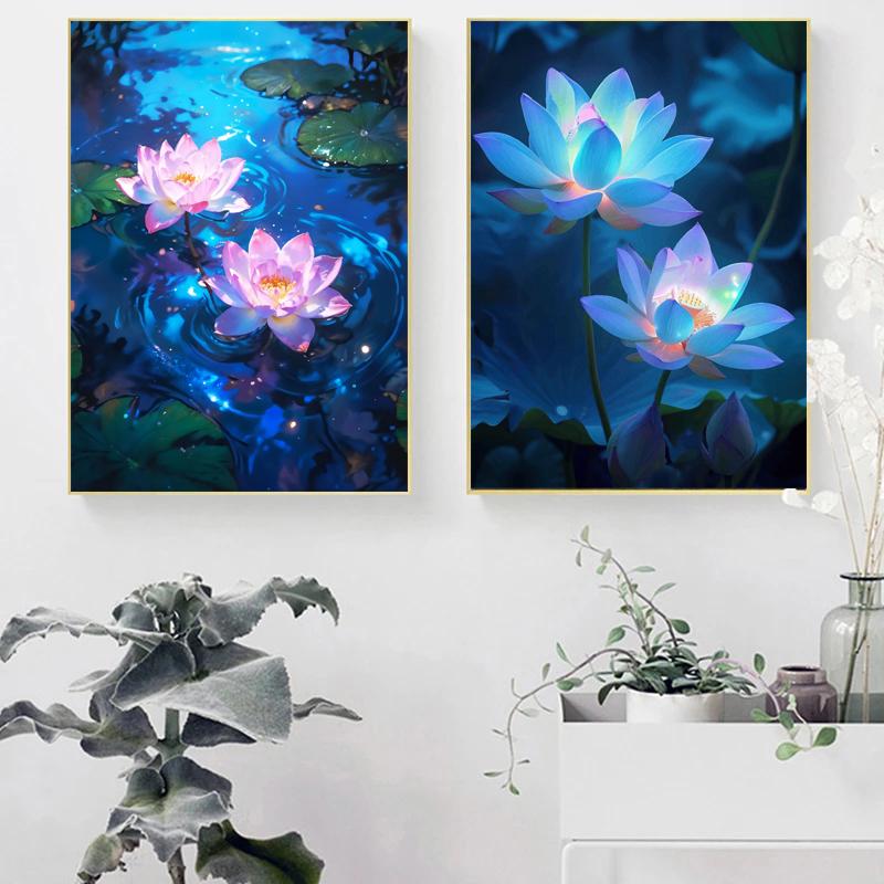 Vintage Scenery Flowers Summer Lotus Lotus Lotus Leaf Moonlight Poster Canvas Painting Wall Art Pictures Home Decor