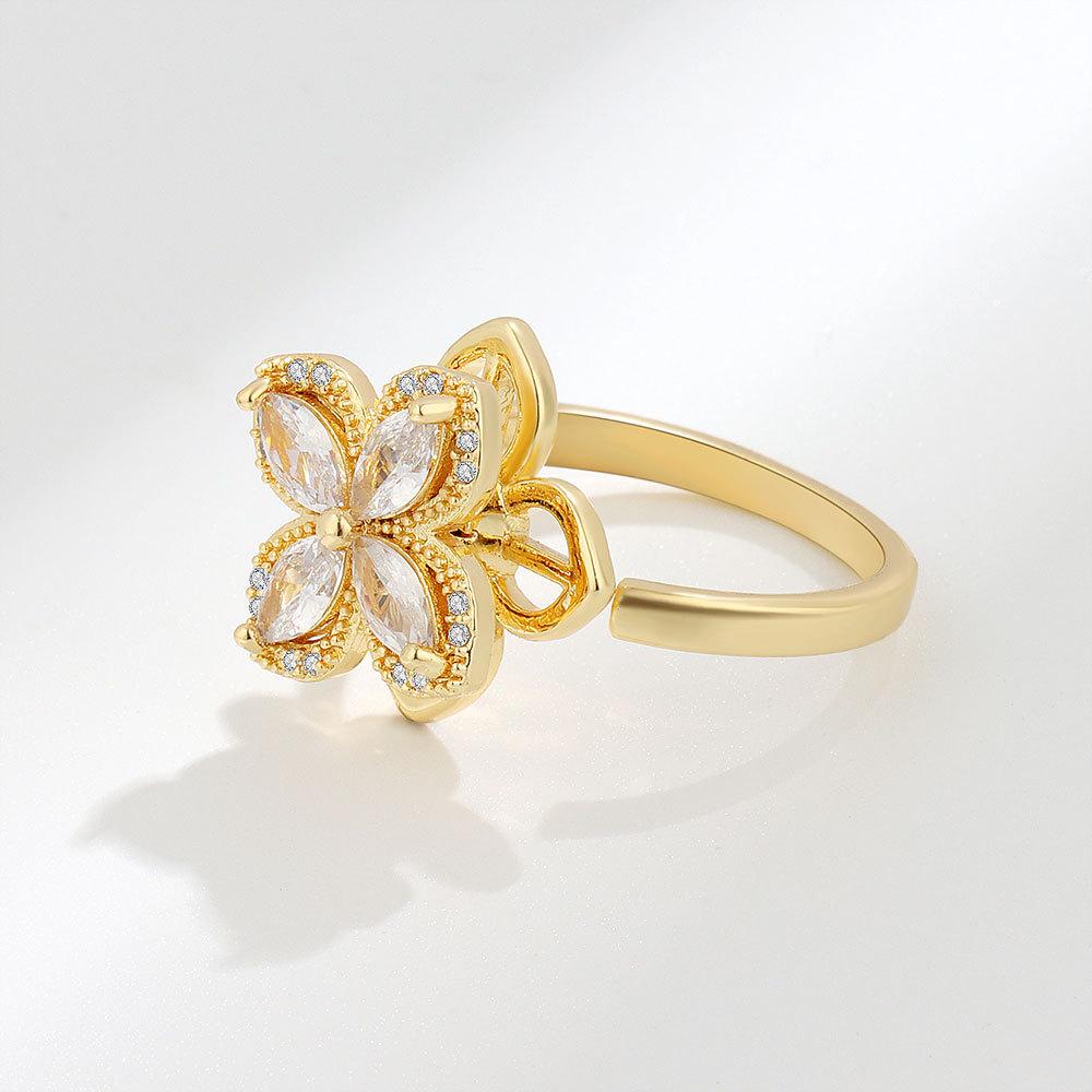 Geometric Flower Zircon Adjustable Ring For Women With Electroplated Copper Hand Jewelry