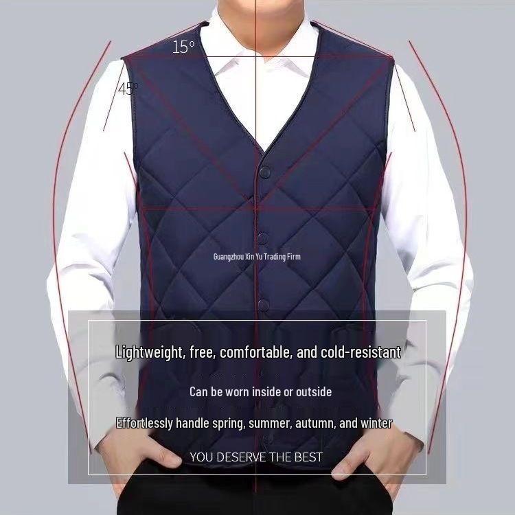 Herrväst i Plusstorlek av Bomull - Höst/Vintervärme med Sammetsfoder, Klassisk Ärmlös Stil för Medelålders Mode.