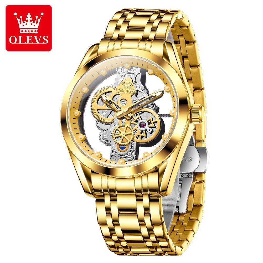 

Men Quartz Watches Steel Strap Fashion Transparent Hollow Mechanical Dial Design Luxury Men s Dress Wristwatches золотой