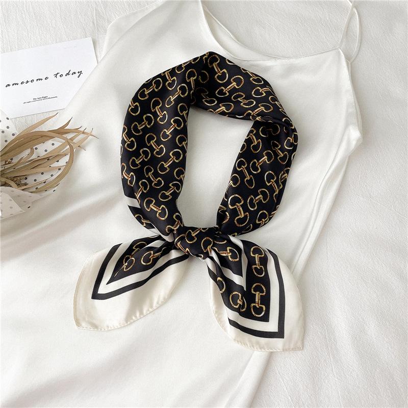 Light Luxury Fashion Chain Silk Scarf Women's Scarf Simulation Silk Small Square Scarf 71cm Autumn and Winter Scarf Tied Hair Decorative Bag