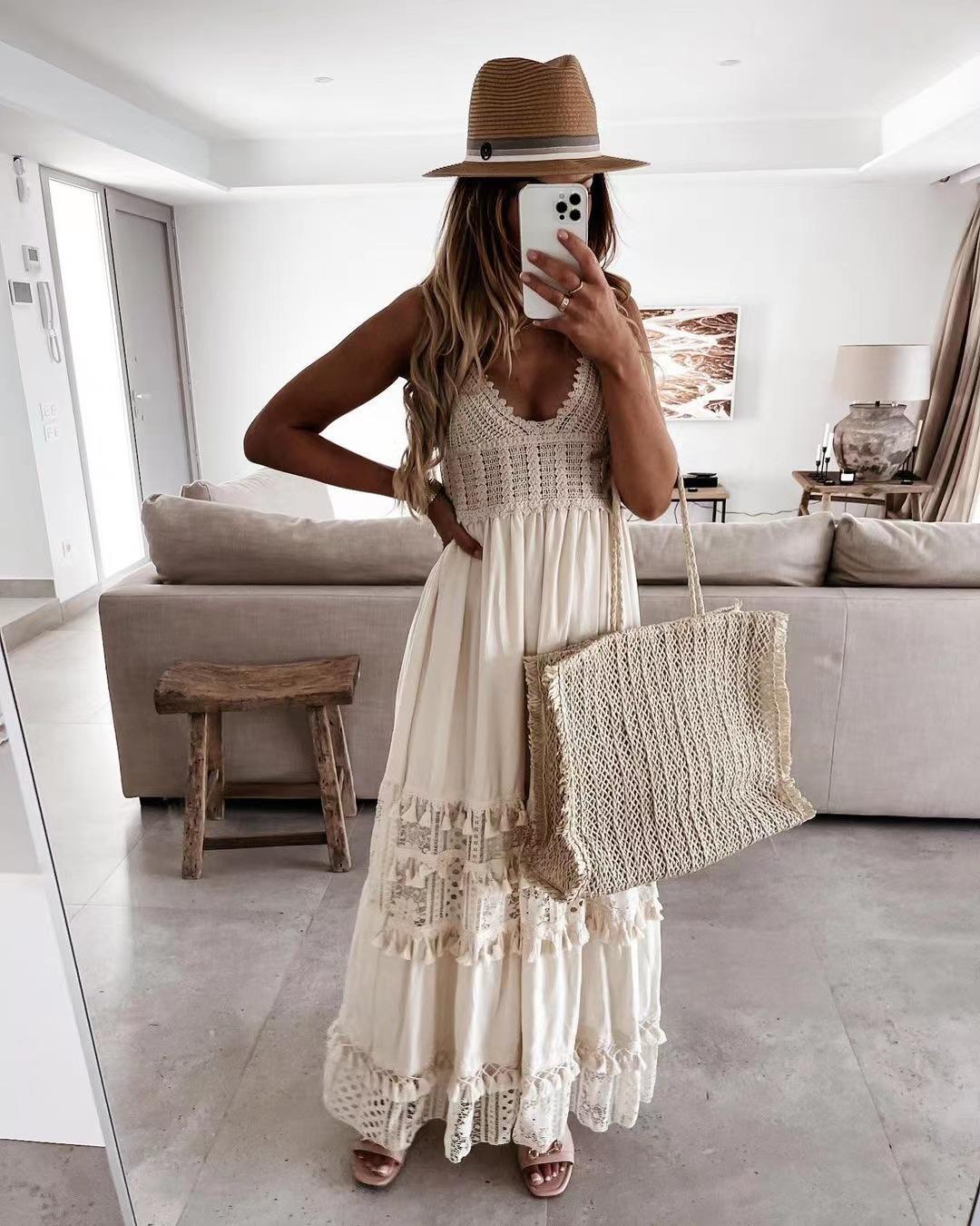 

European and American foreign trade women s dress, casual lace splicing sleeveless long dress XXXL абрикосовий