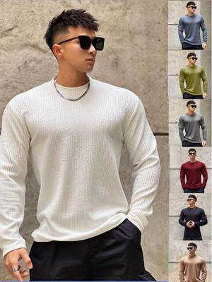 Men’s Solid Color Long Sleeve Base Layer Shirt - Athletic Round Neck Pullover for Spring and Autumn