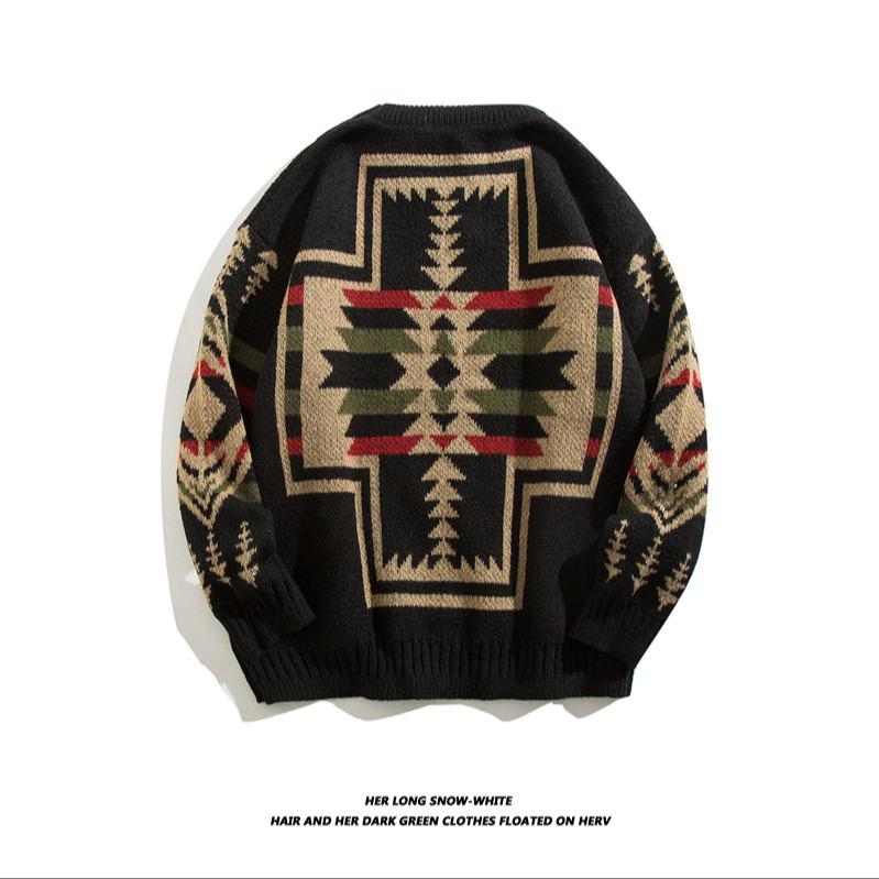 Herren Retro Ethno Stil Rundhals Pullover - Trendige Lässige Strickjacke mit Coolem, Lässigem Design.