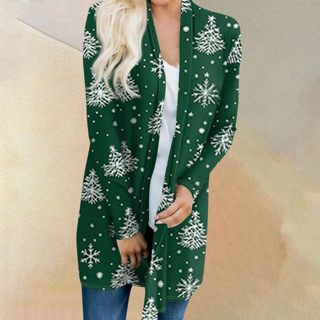 Dámský módní ležérní kardiganový kabátek střední délky s vánočním stromkem