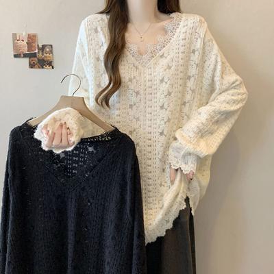 Camisola para Mulheres Algodão Solta Oversized Manga Comprida T-Shirt Renda Confortável Gola Redonda Casual Pulôver Top Camisola