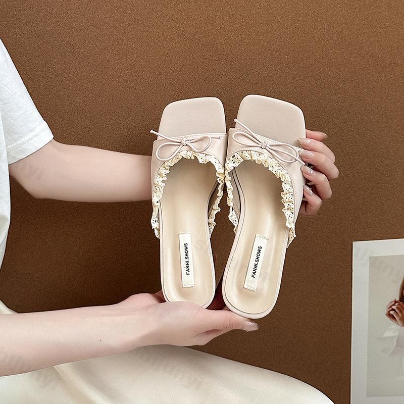Fashion 2025 Summer New Women's High-heel Casual Sandals Elegant French Style Lace Bow Open Toes Slippers Comfortable Fashion Cool Shoes