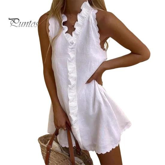 Breathable Summer Dress Ruffle Mini for Women, Sleeveless V Neck Cotton Skirt Linen Short Dress, Boho Beach Vacation Casual A-Line Sundress Bohemian