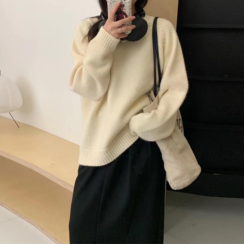 Women's Autumn Winter Loose Thick Sweater Tops Female O-neck Knitted Tops Ladies Solid Color Warm Pullovers