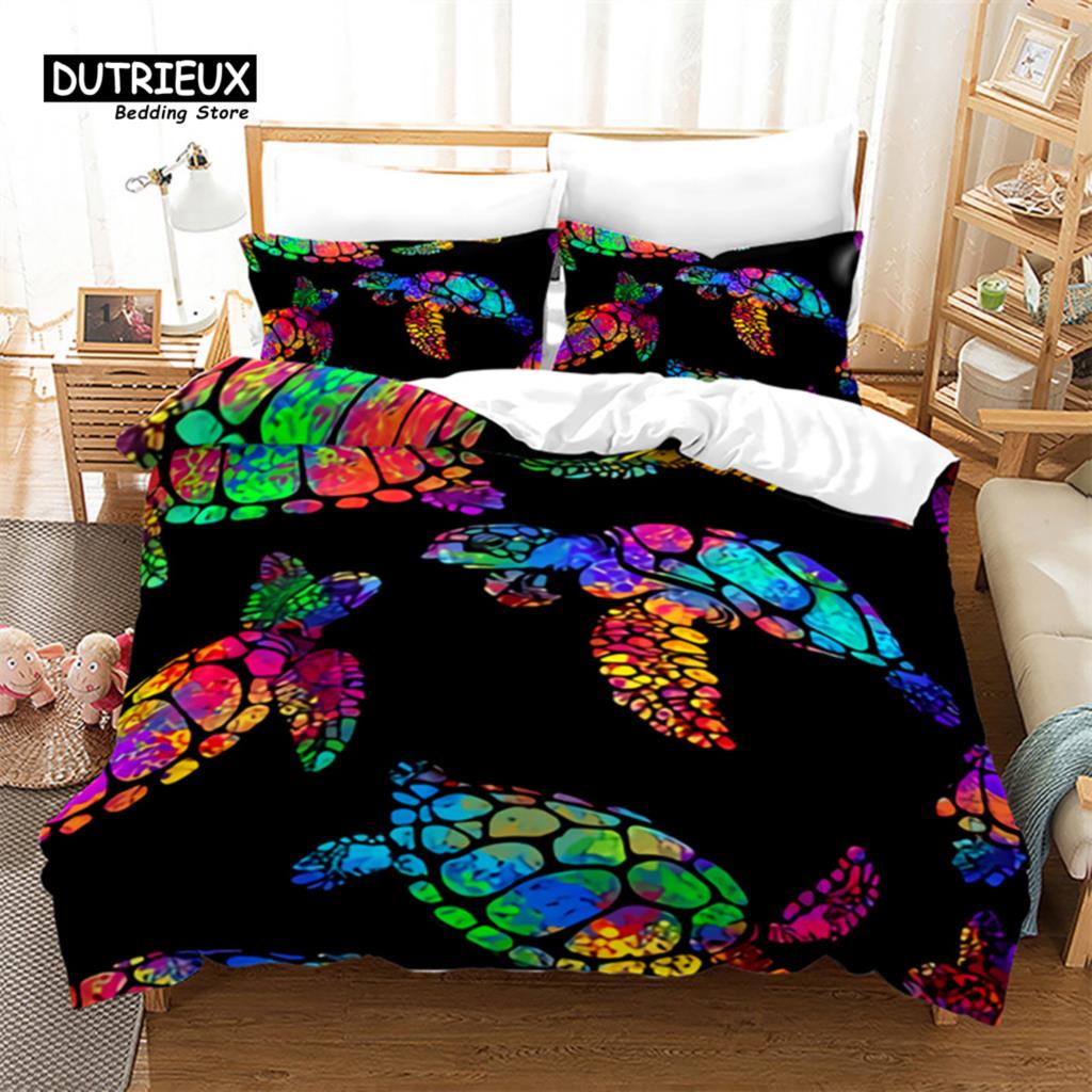 Exotic Turtle Duvet Cover Full King Microfiber Kawaii Sea Animal Comforter Cover Bohemia Tattoo Style Ocean Theme Bedding Set