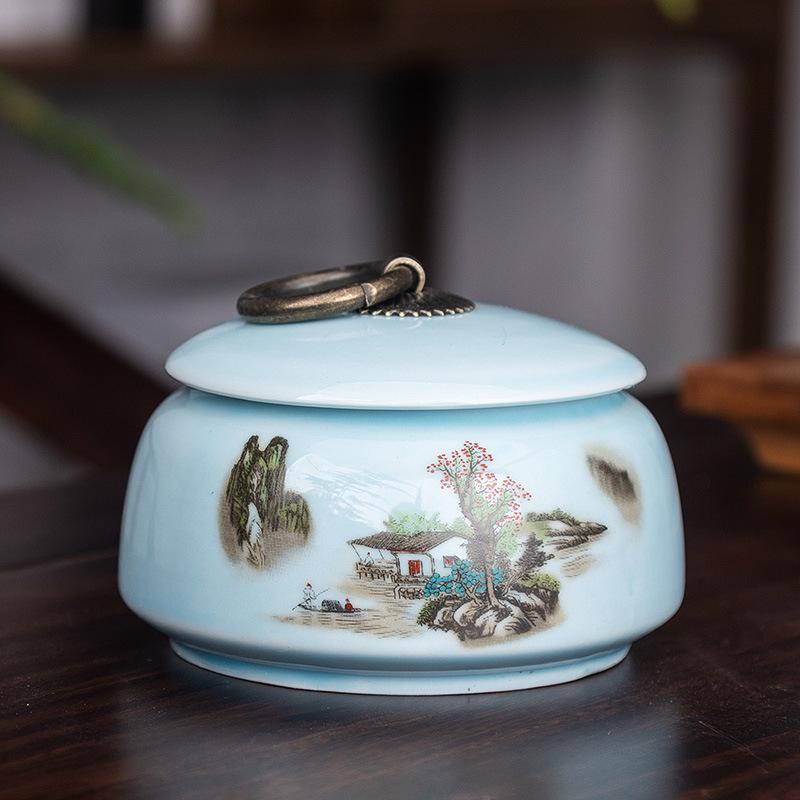 Creative Ceramic Landscape Flower Storage Jar with Lid Tea Jar Home Small Medicine Powder Candy Nut Jar Food Sealed Storage Jar