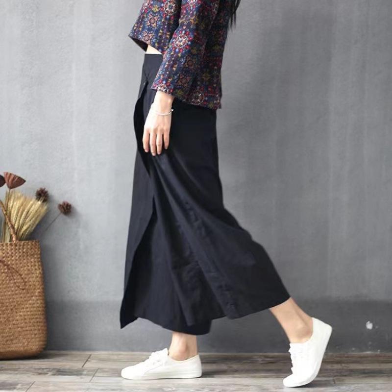 2026 Artistic Cotton Linen Plus Size Wide Leg Elastic Waist Culottes Skirt Pants for Women