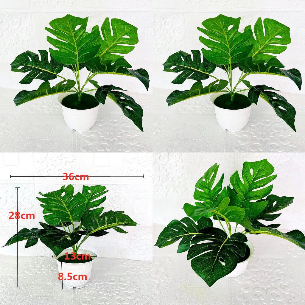 Artificial Green Plant Pot With 9 Turtleback Leaf Faux Foliage For Home Decor And Photography