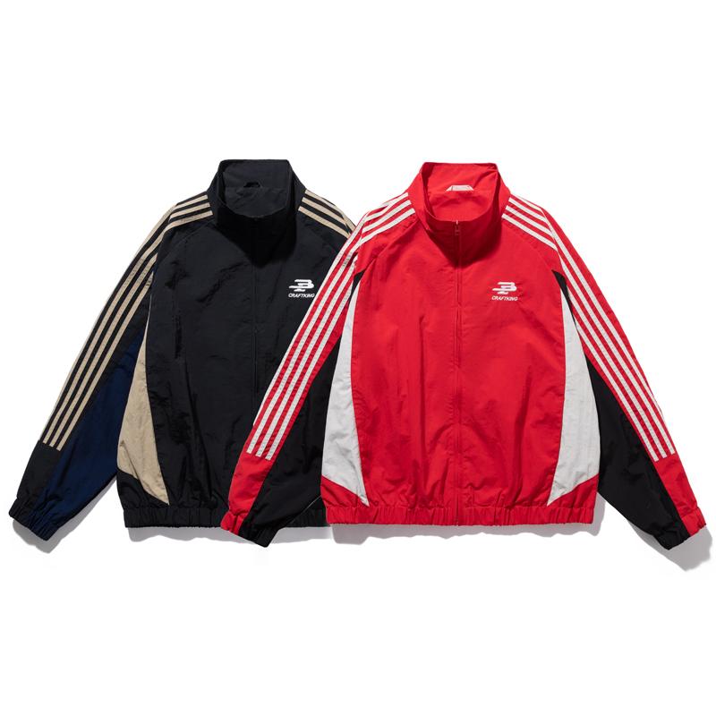 Giacca da Uomo Color Block con Collo Alto e Zip, Giacca a Vento Casual a Strisce, Capo d'Abbigliamento Esterno
