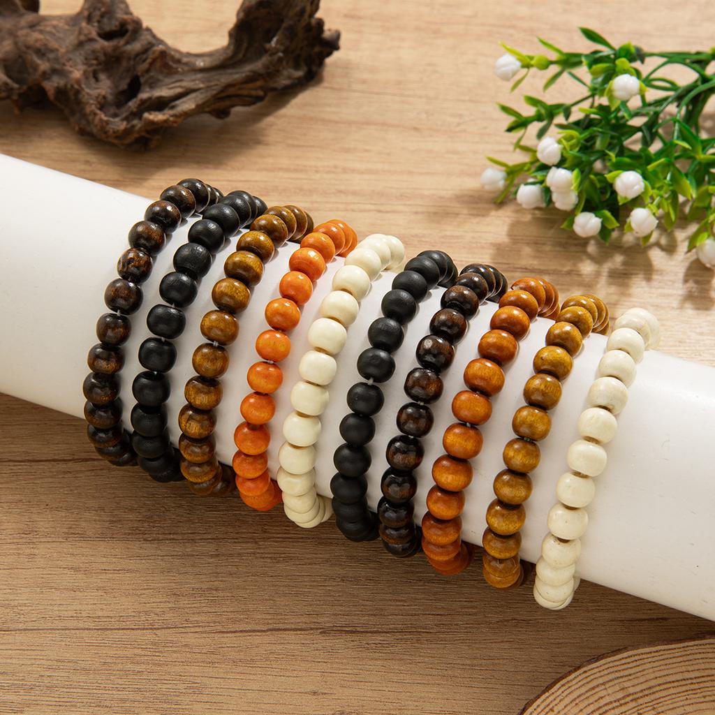 Vintage Mixed Color Wooden Bead Bracelet Set, Multi-Layer Stackable Beaded Bracelets, Boho Minimalist Hand Jewelry
