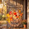 Wooden Pumpkin Door Hanging Sign with Flowers and Light, Fall Decor for Front Door Entryway, Battery Not Included