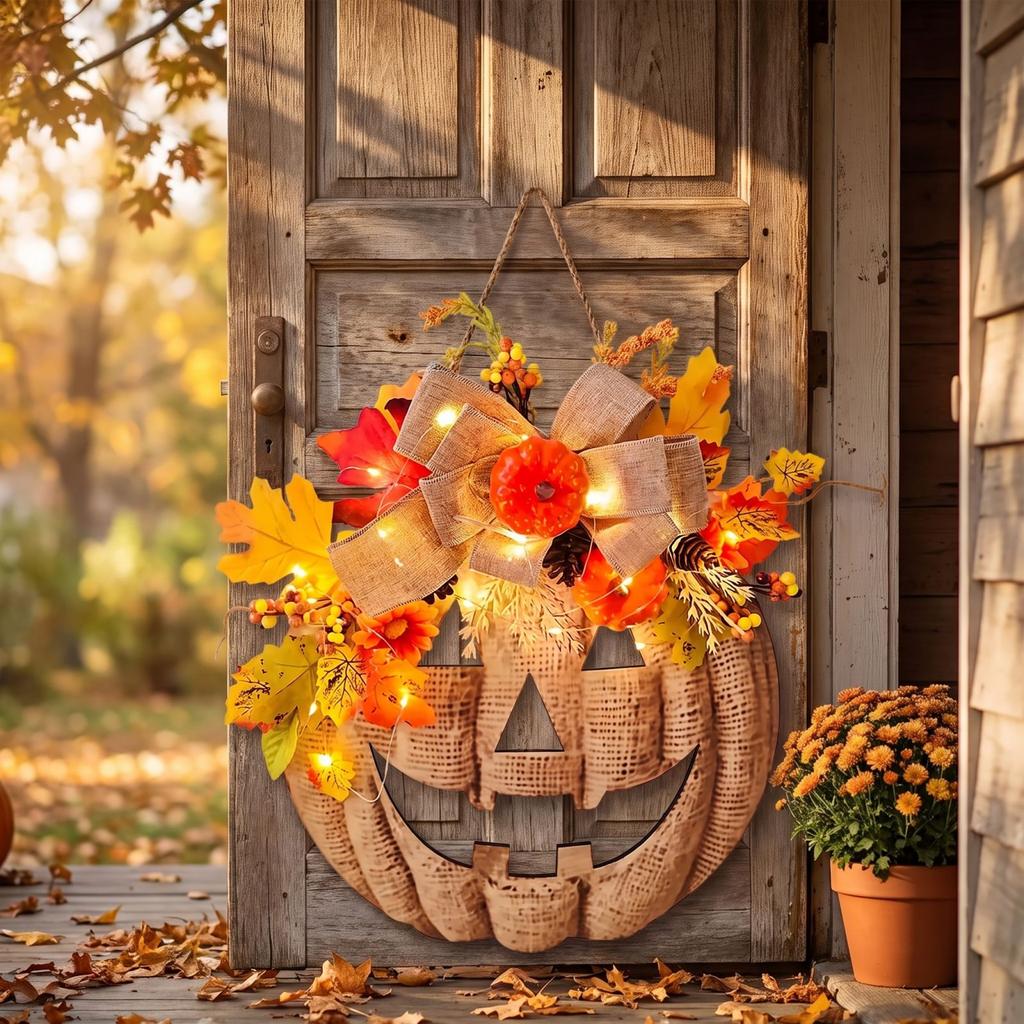 Wooden Pumpkin Door Hanging Sign with Flowers and Light, Fall Decor for Front Door Entryway, Battery Not Included