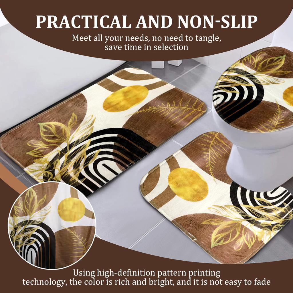 4 Pcs Set Vintage Bath Curtain with Hooks and Rugs Bath Mat U Shape Toilet Lid Cover Mat Waterproof Non Slip for Multiscene