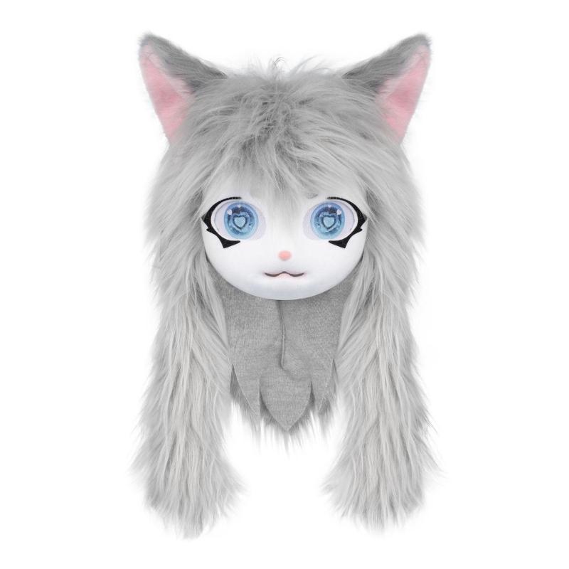 Felliger Tierkopf Katzen Fursuit Cut Maske Plüsch Katzenmaske Niedlicher Katzenkopfschmuck für Halloween Maskenbälle Cosplay Requisiten