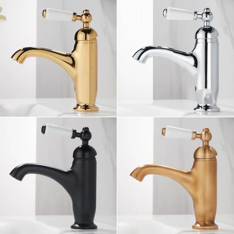 Brush Gold Basin Faucet Chrome Hot and Cold Mixers Antique Wash Basin Faucet Taps Ceramic handle Basin Faucets