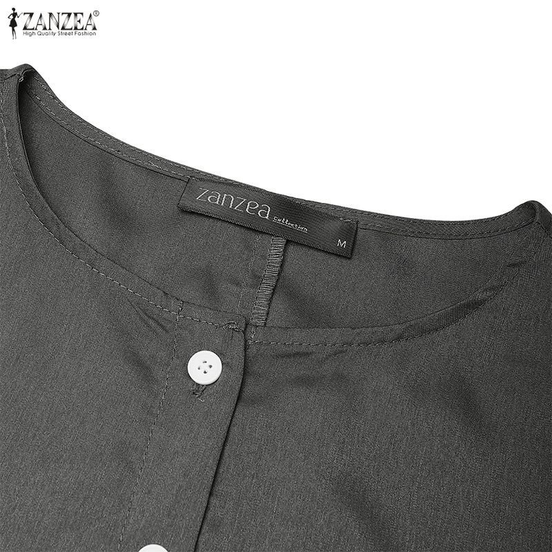 ZANZEA Lässiges Damen-Kleid mit Rundhalsausschnitt, langen Ärmeln und lockerem langem Kleid