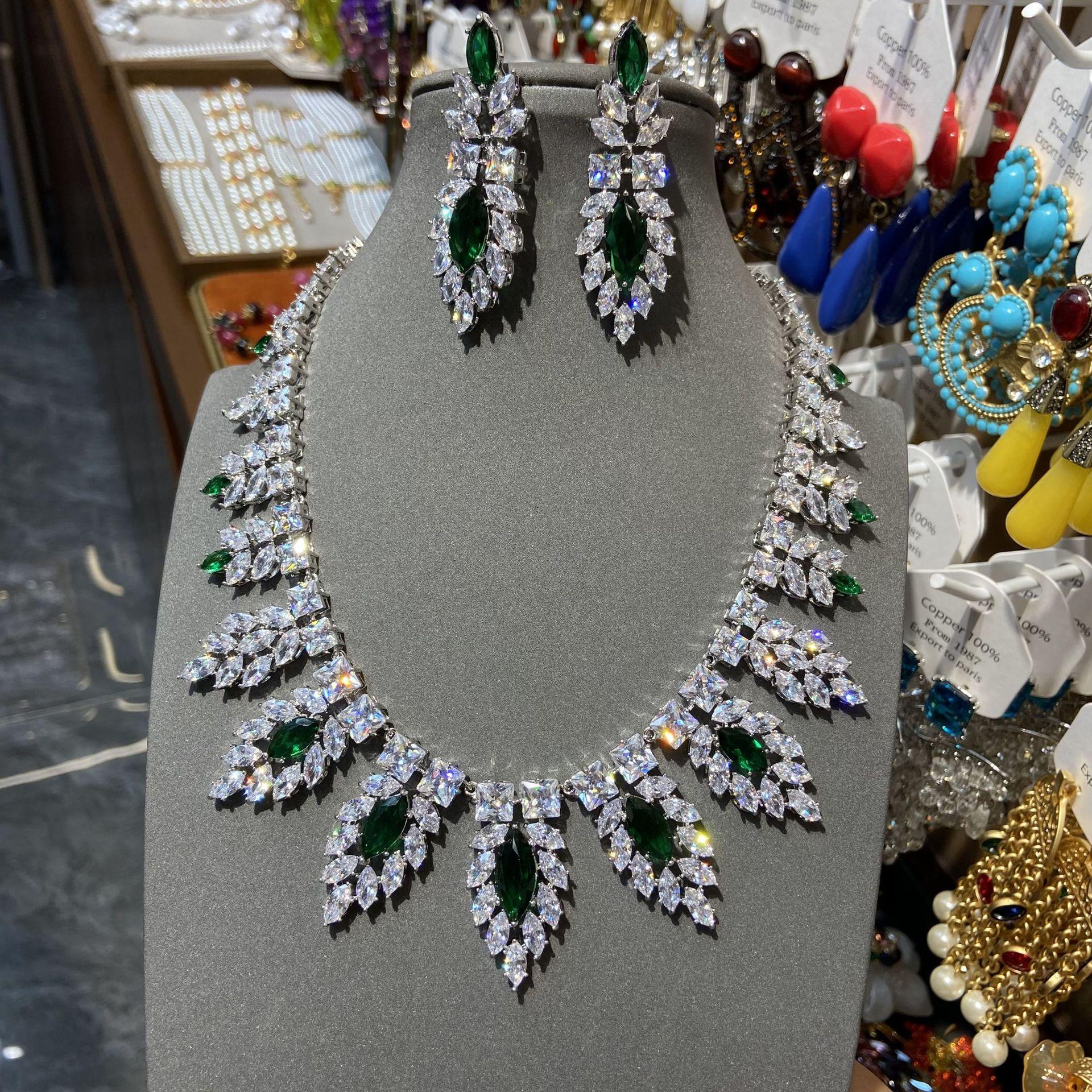 Austrian Court Peacock Emerald Water Drop Necklace Vintage Plated 18K Gold, Feather Zircon Earrings Set