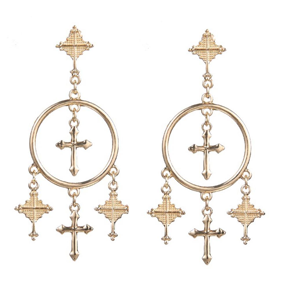 Women Metal Cross Design Earrings Long Alloy Engraved Delicate Earrings