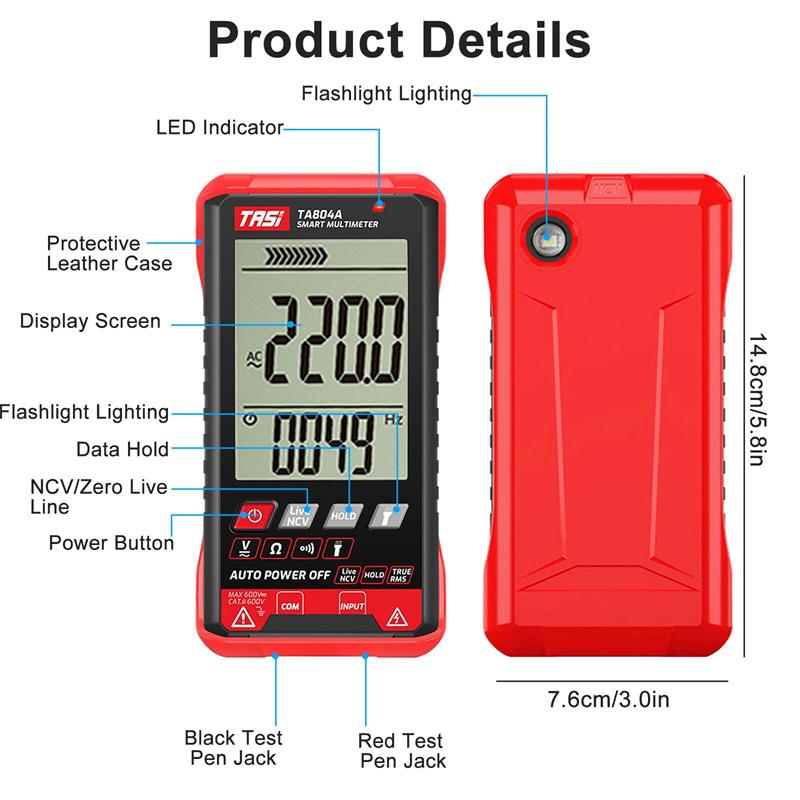 Tasi Digital Multimeter Ta804A Automatic Multimeter, Hd Color Display, Ultrathin, Smart, Ohm, Ncv, Ad/Dc Voltage Meter