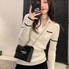Weißer Polo-Kragen Strick Baselayer Damen Herbst Winter Retro Colorblock Slim Fit Pullover Einzigartiges Lazy Style Top