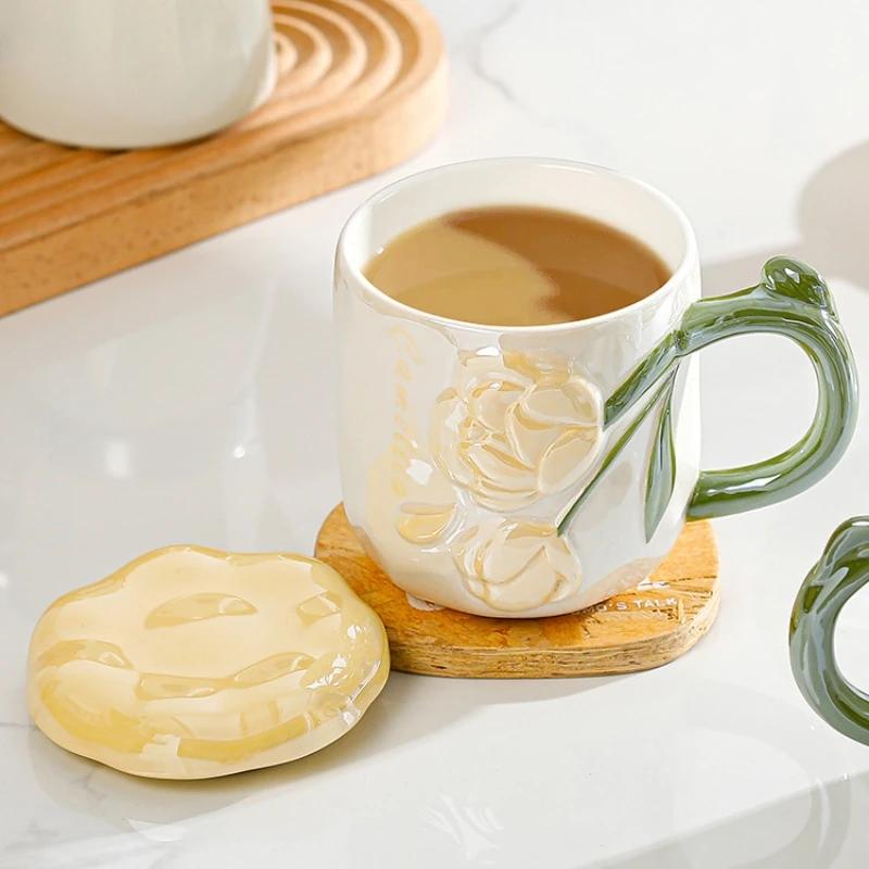 Relief Rose Flower Ceramic Mug Coffee Milk Cup Tea Cup Ins Style Hand-painted Design Couple Girl Romantic Drinkware Mug Gift
