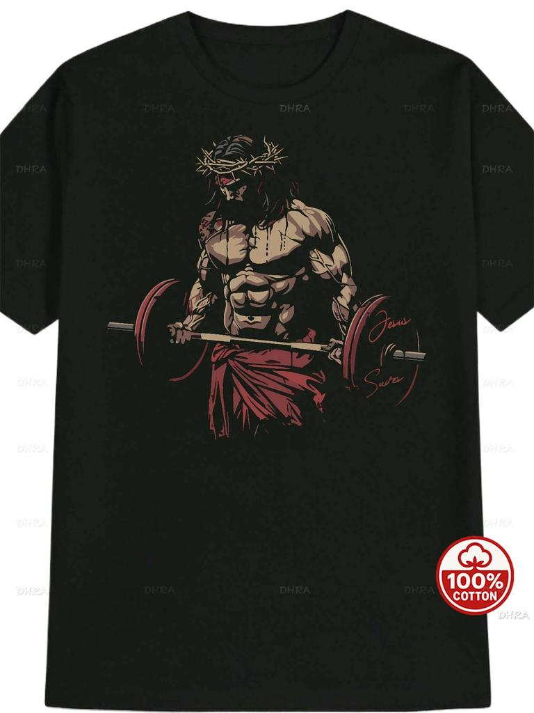 Black Fitness Coach Jesus Christ Weightlifting Art Print Regular Style Fitness Daily Wear Fitness Soft Cotton Tshirt Sportswear